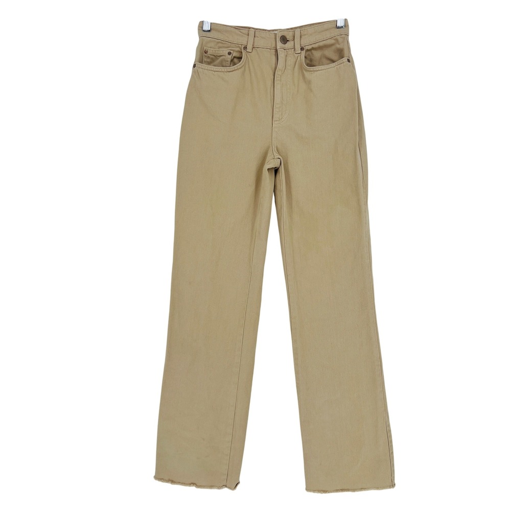 H&M Stradivarius Long Straight Fit Pants Womens 2 Tan Raw Hem Khaki Denim‎ Jeans
